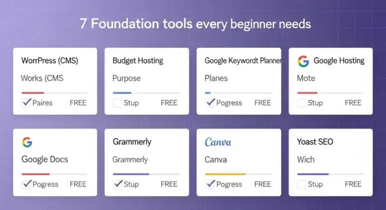Beginner tools: WordPress, Google (Keyword Planner, Docs, Hosting), Canva, Grammarly, Yoast SEO.